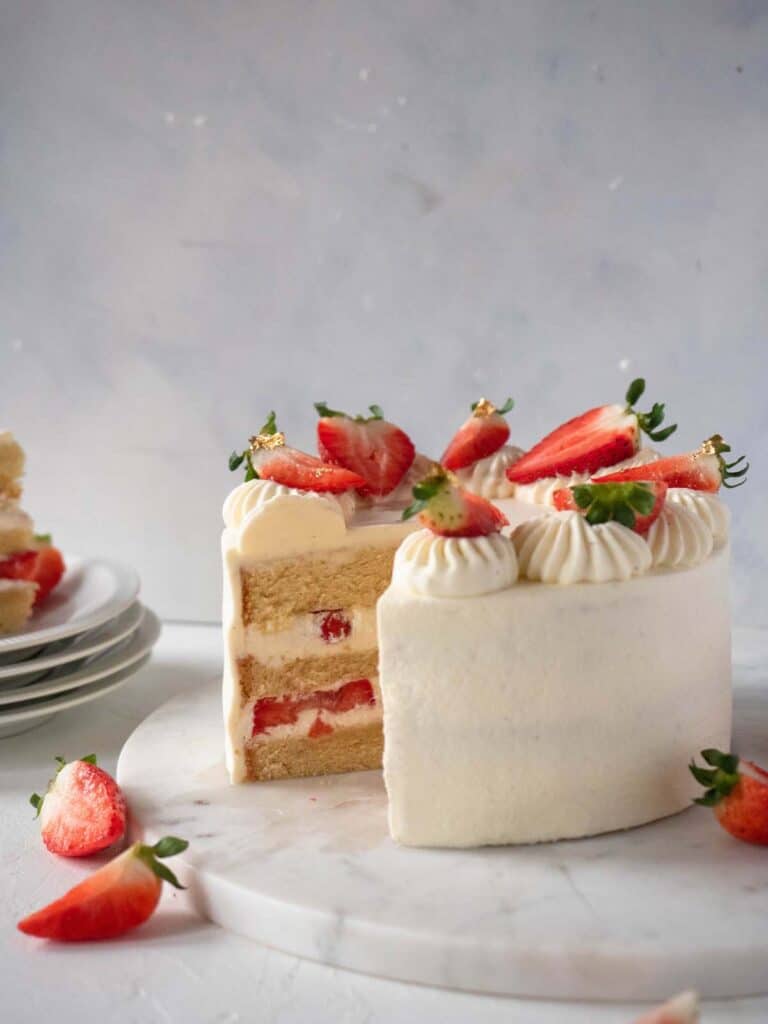 Asian style strawberry chiffon sponge cake with fresh cream