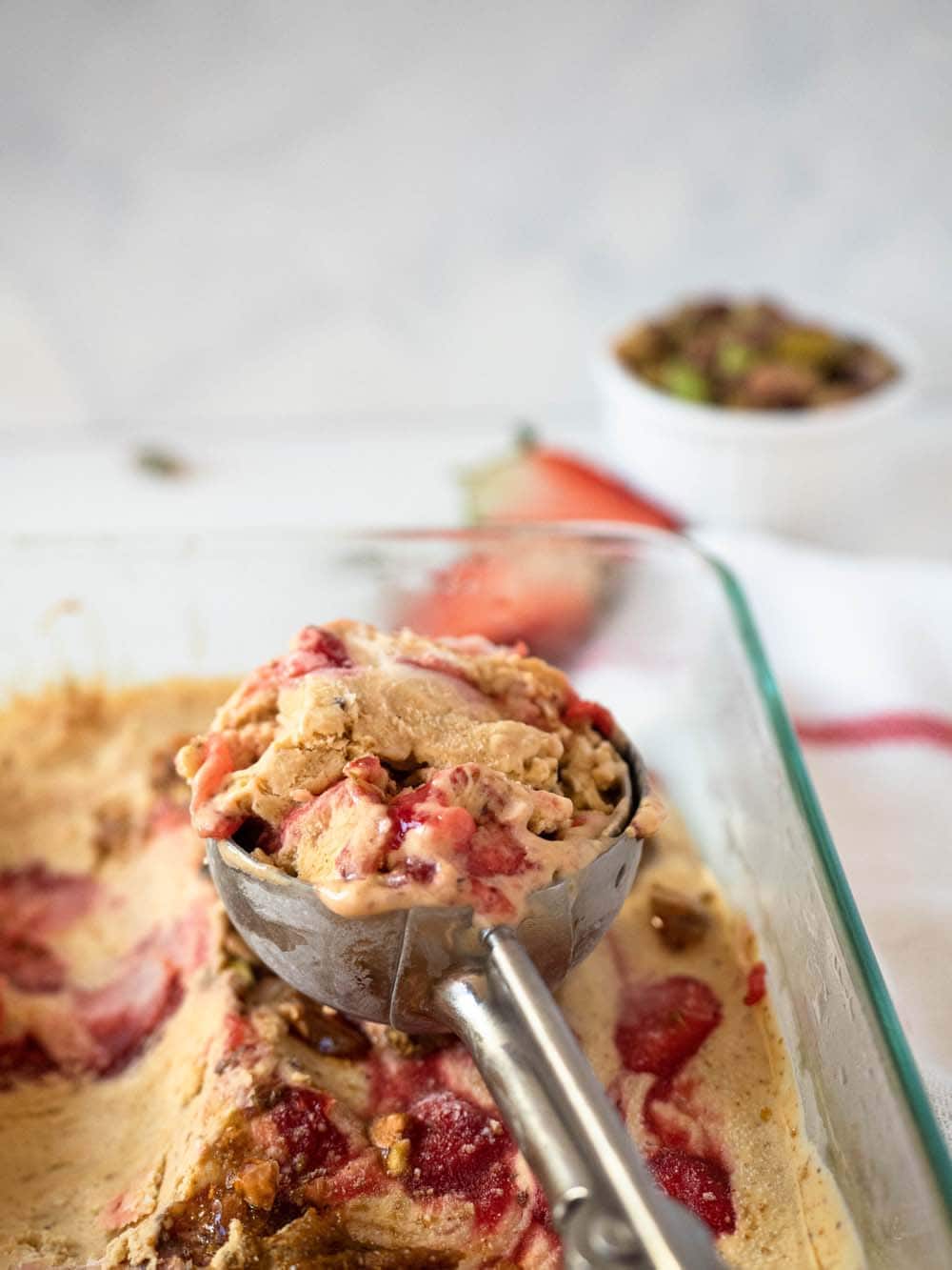 No-churn pistachio praline and strawberry ice cream