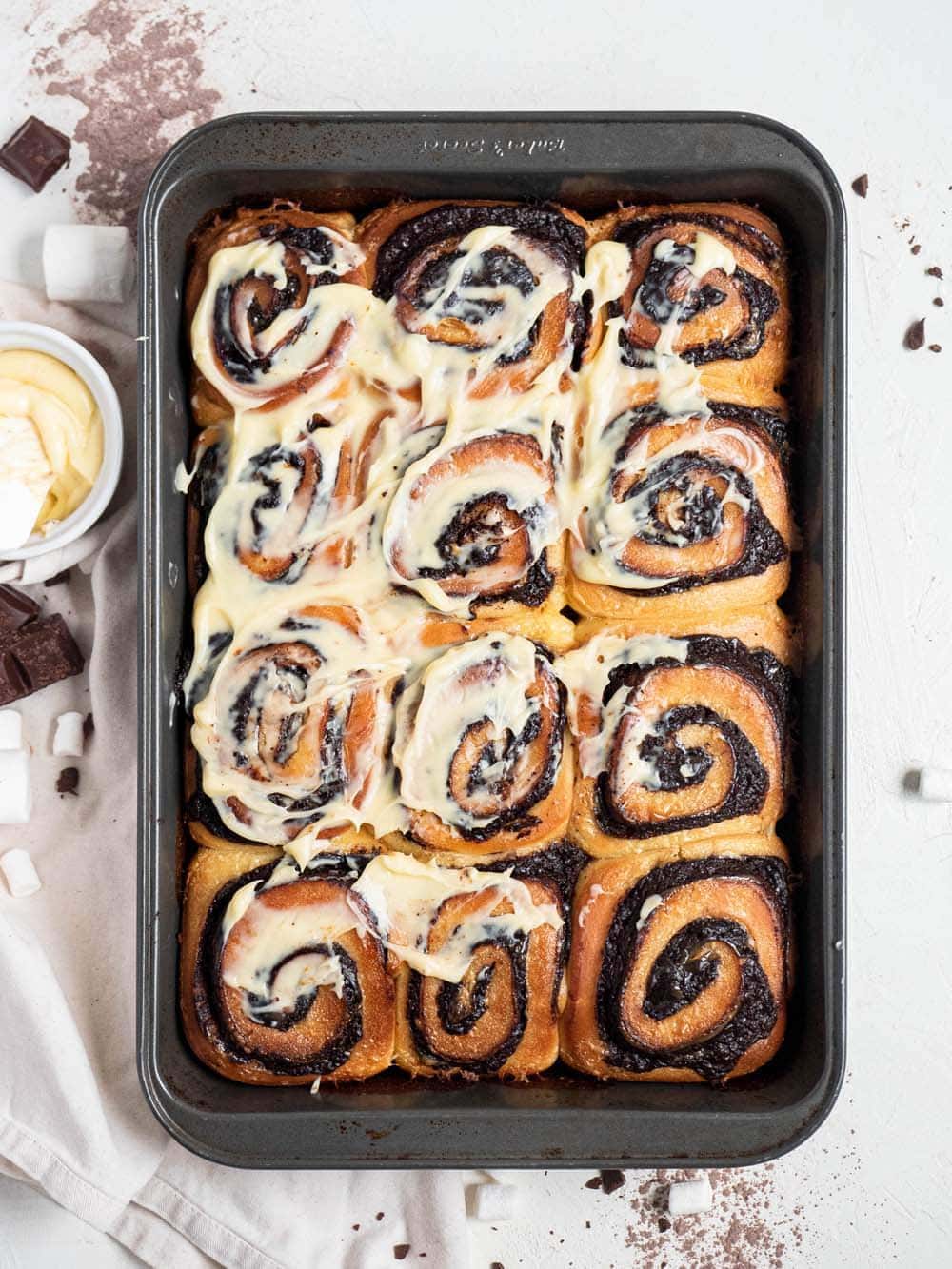 hot chocolate rolls with cream cheese marshmallow frosting