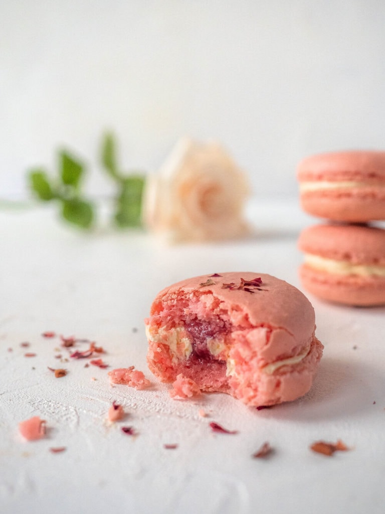 Lychee, rose and raspberry macarons
