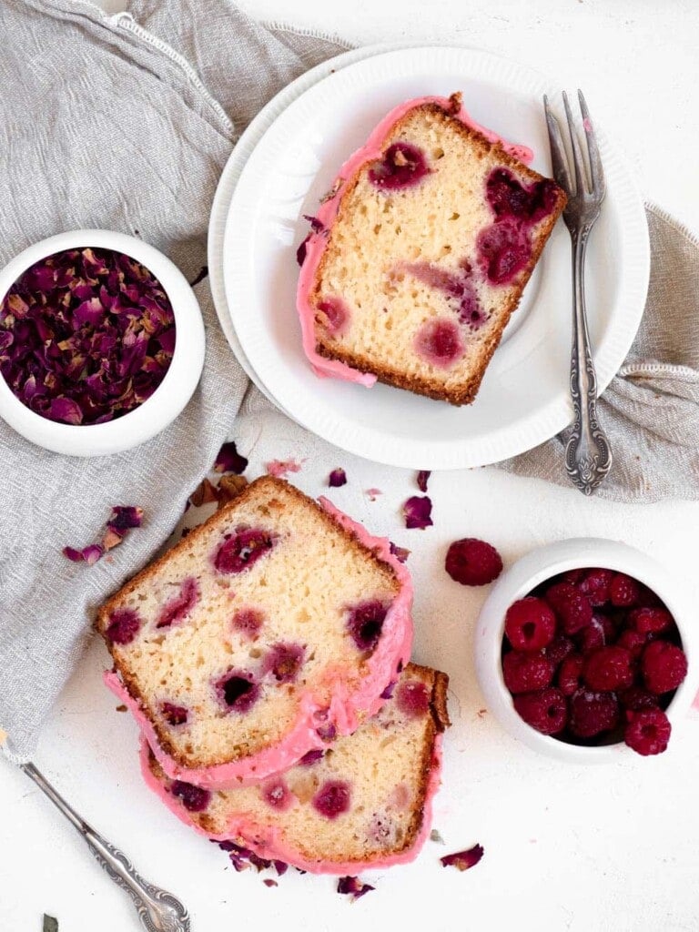 Raspberry Greek Yogurt Loaf Cake with Rose Icing