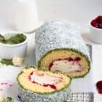 Matcha Raspberry Lamington Roll Cake