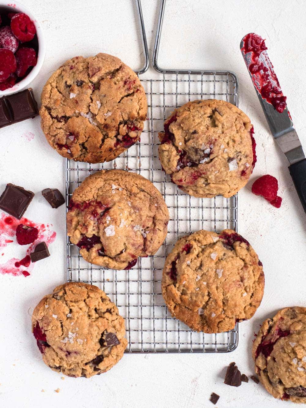 Soft Peanut Butter Raspberry Cookies with chocolate chunks