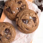Chewy espresso chocolate chip cookies with coffee and flakey salt
