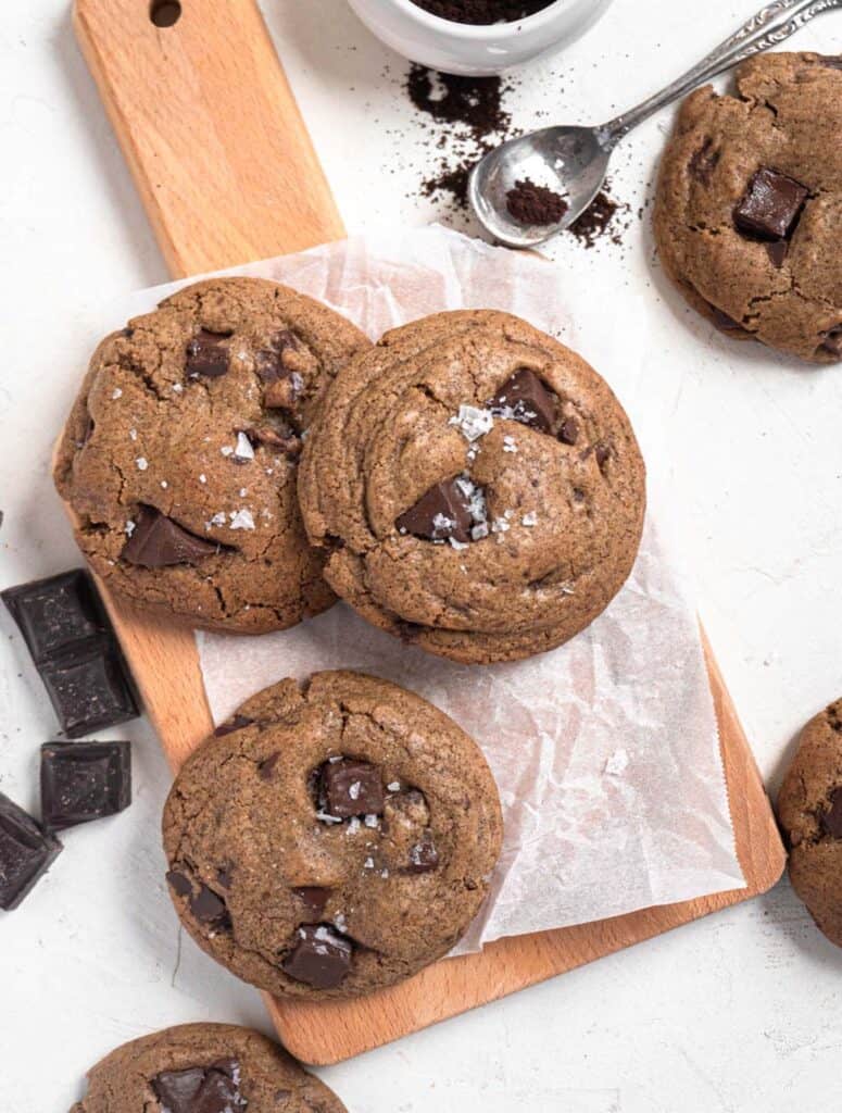 Chewy espresso chocolate chip cookies with coffee and flakey salt 