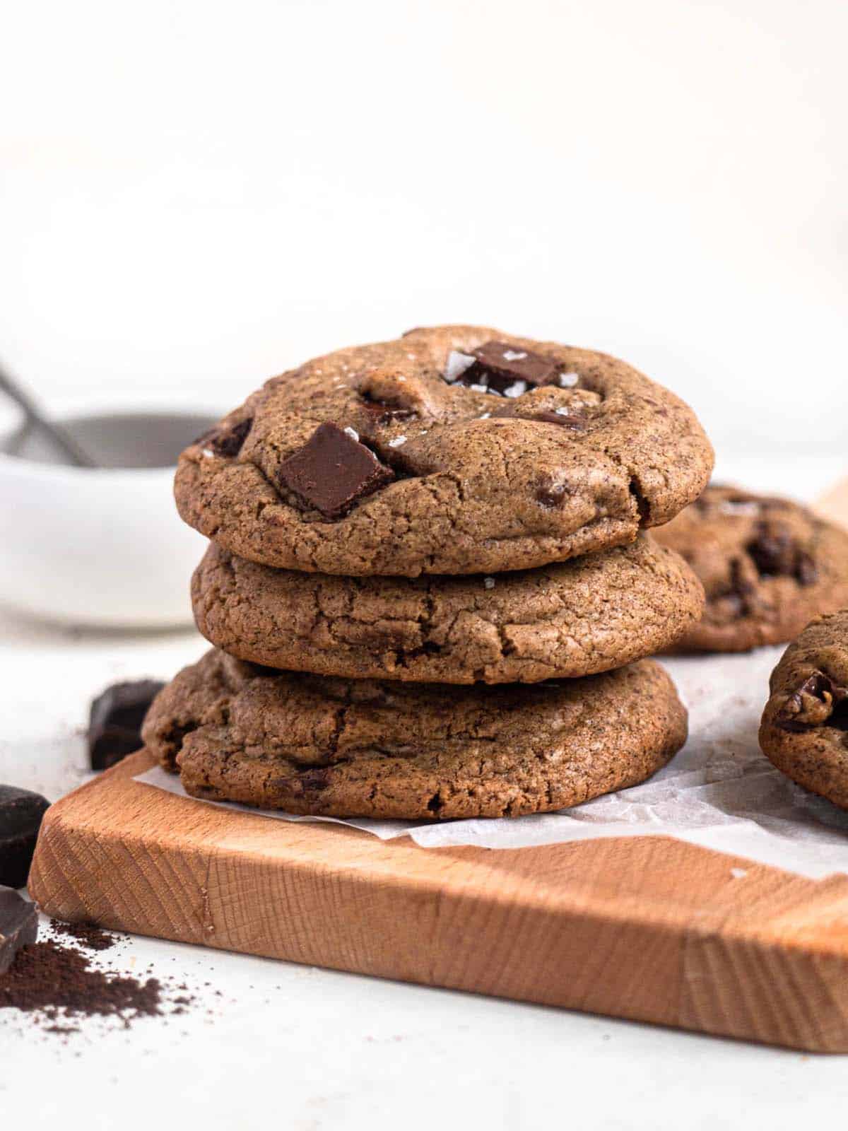Chewy espresso chocolate chip cookies with coffee and flakey salt