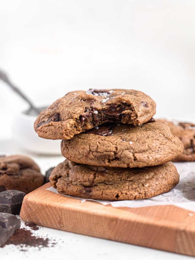 Chewy espresso chocolate chip cookies with coffee and flakey salt 