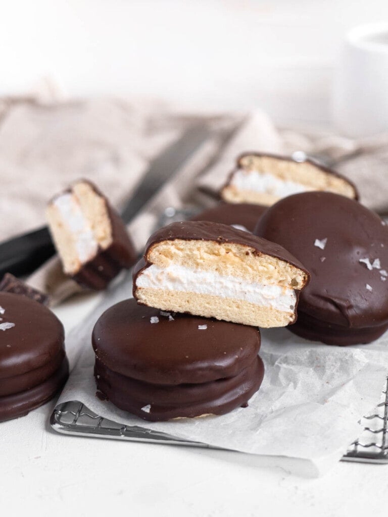 Vanilla bean Marshmallow sandwiches coated in dark chocolate choco pie moon pie wagon wheel