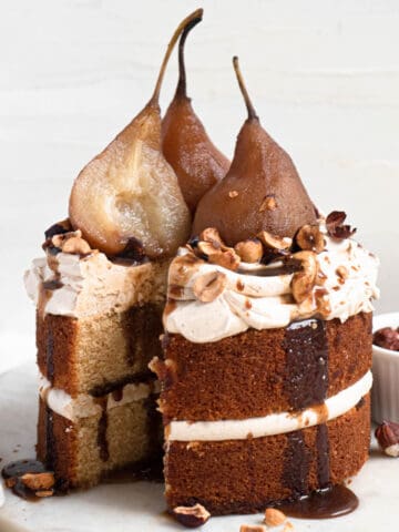 Poached pear and spiced caramel brown sugar butter cake