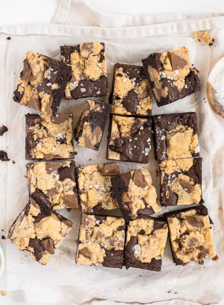 Fudge brownie and soft chocolate chip cookie baked into a bar brookie