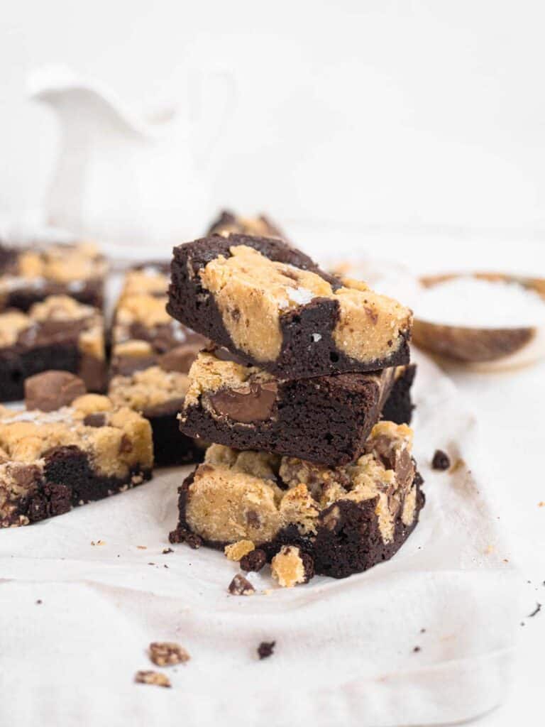 Fudge brownie and soft chocolate chip cookie baked into a bar brookie