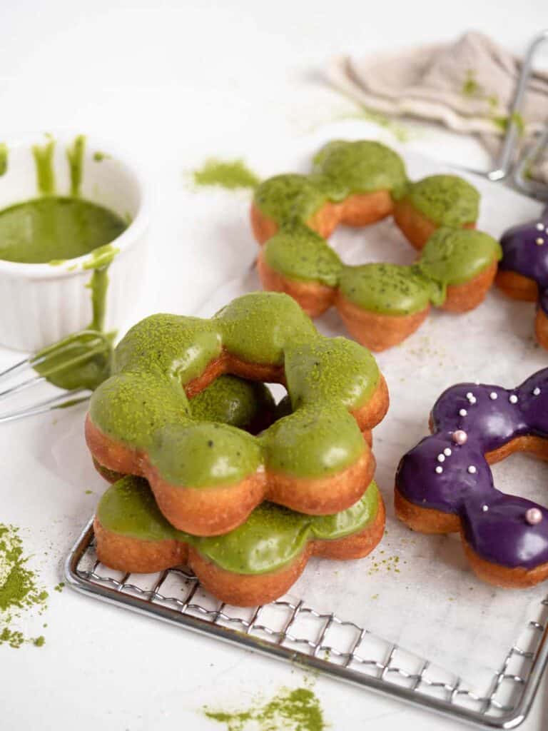 Mochi donuts pon de ring mister donut with ube and matcha glaze