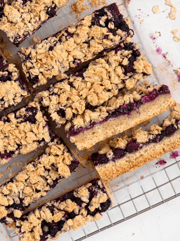 Buttery almond shortbread with blueberry jam and oat crumble