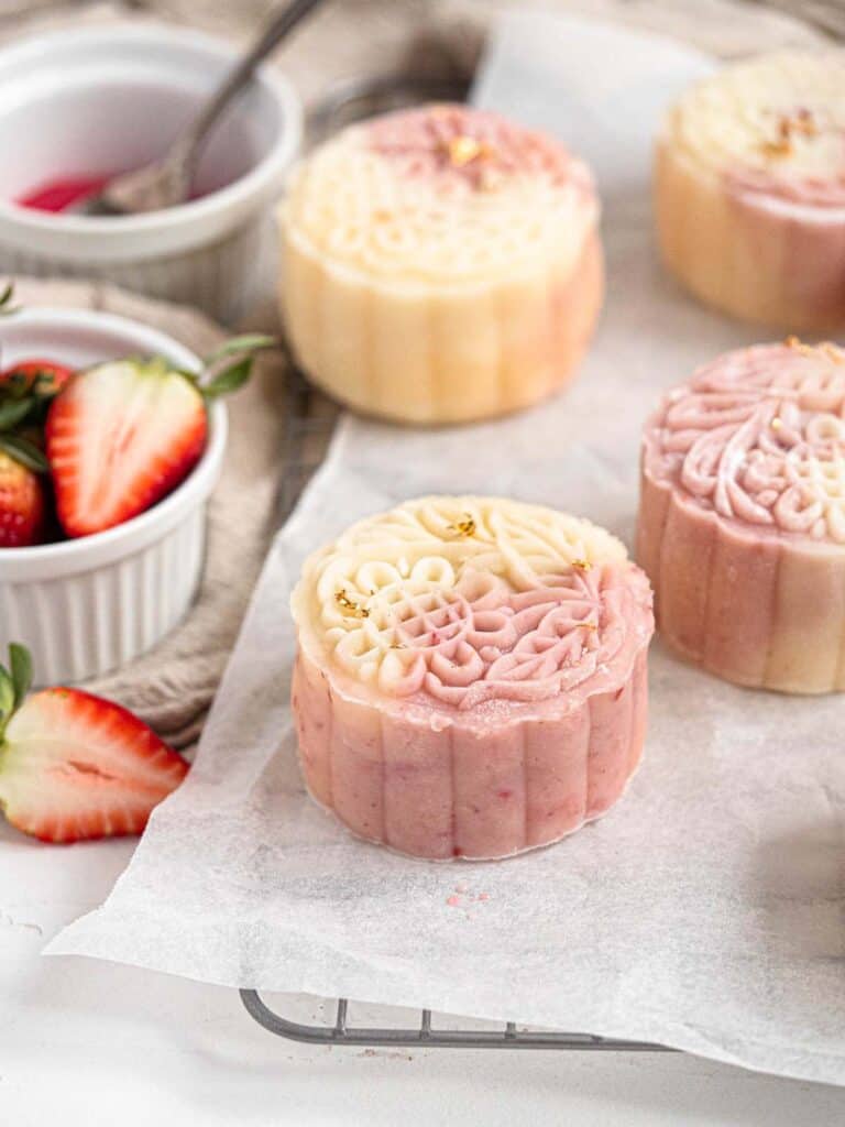 Strawberry custard filled no-bake mochi snow skin mooncakes