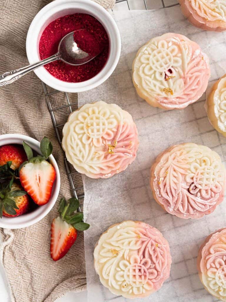 Strawberry custard filled no-bake mochi snow skin mooncakes