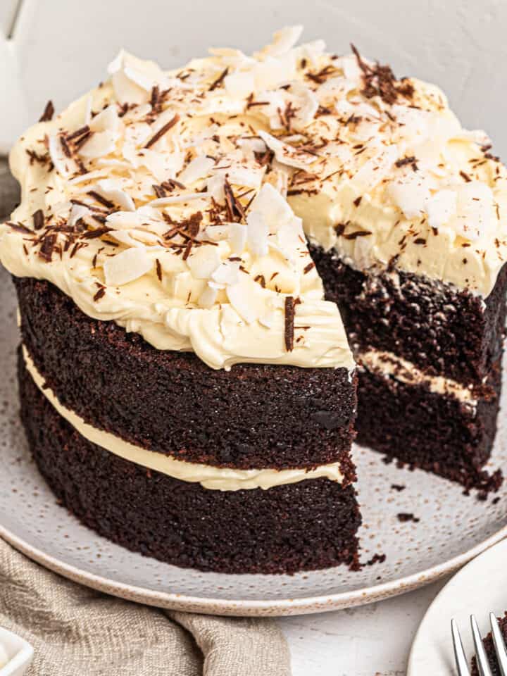 Moist chocolate layer cake with coconut buttercream
