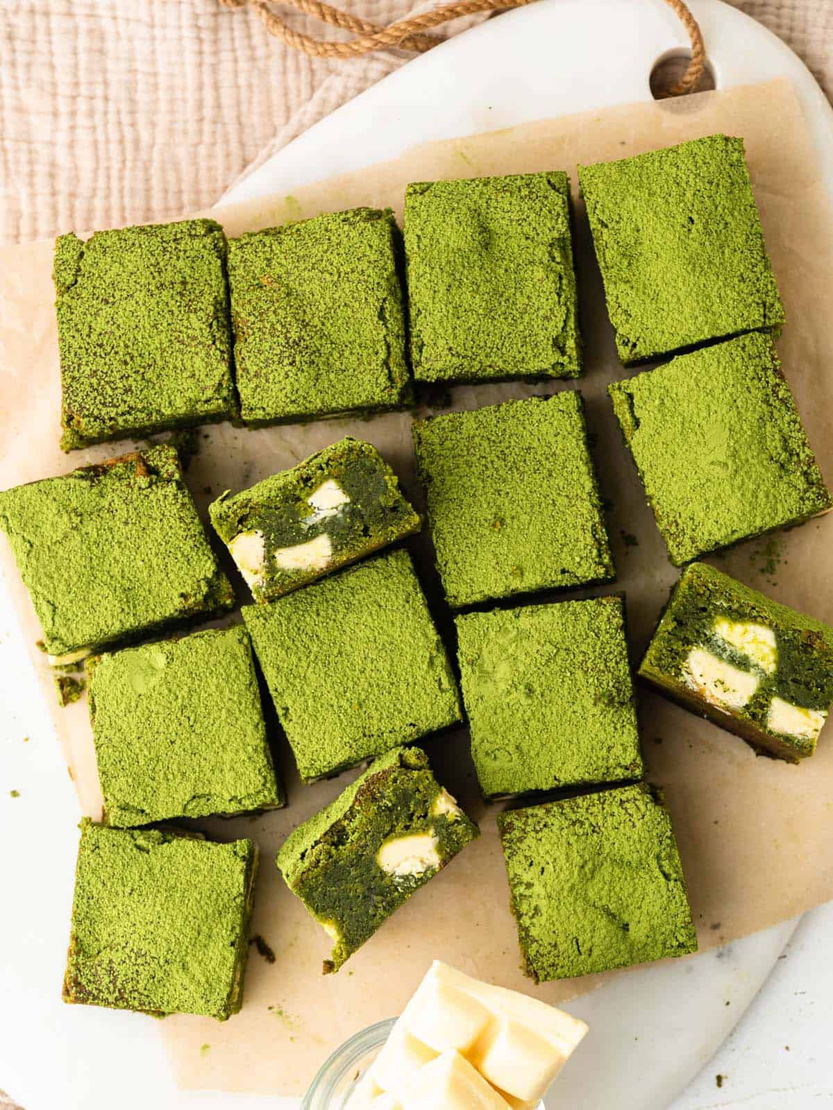matcha brownies with white chocolate dusted with green tea powder