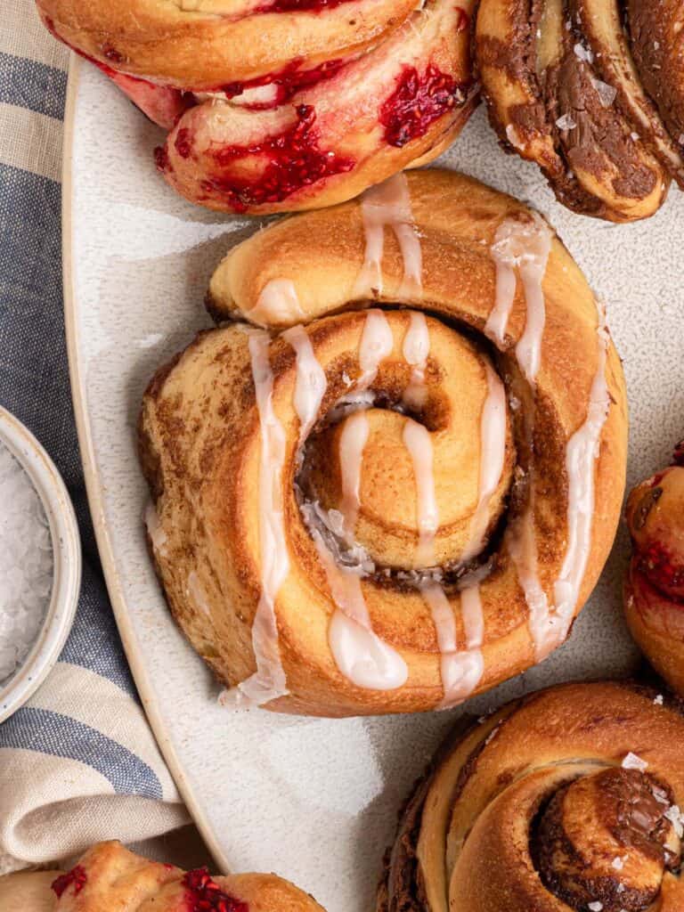 Cinnamon rolls, chocolate swirls and sweet braided bread buns