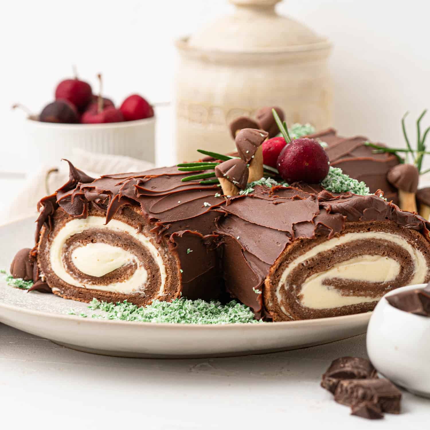 chocolate christmas yule log frosted with chocolate ganache