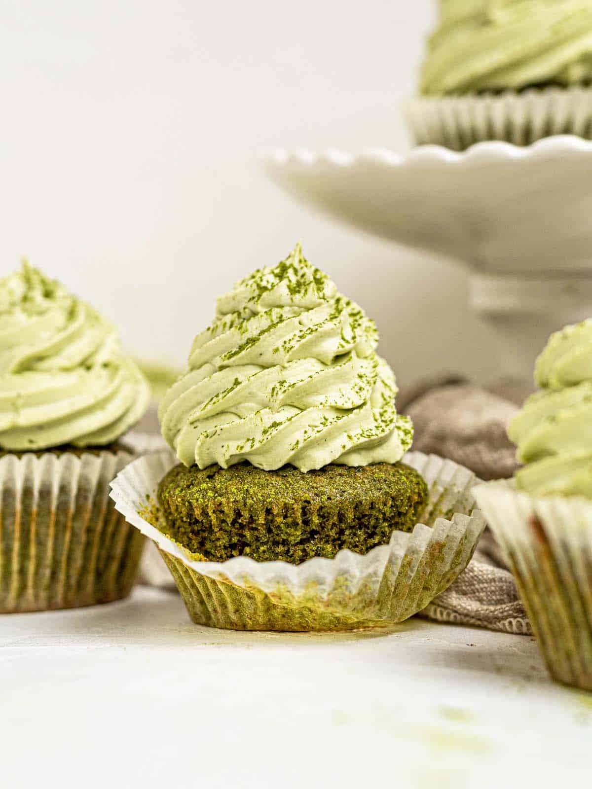 Matcha green tea cupcakes with whipped white chocolate ganache frosting