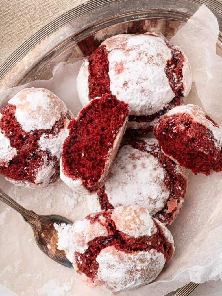 Soft and fudgy Christmas red velvet crinkle cookies