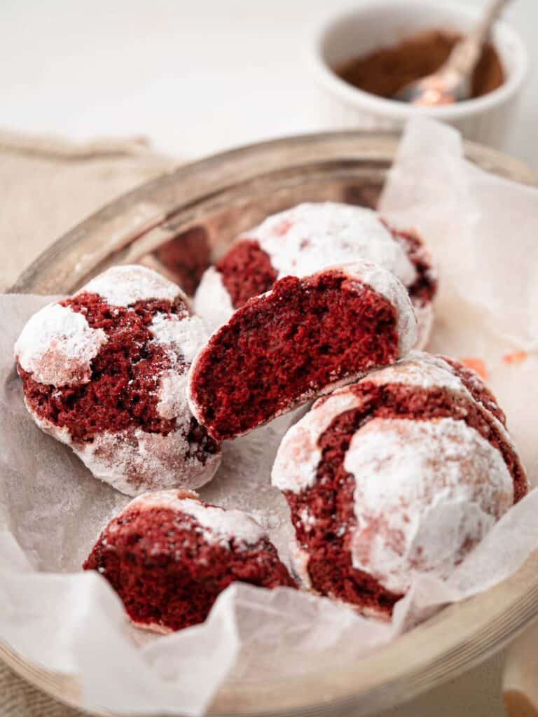 Soft and fudgy Christmas red velvet crinkle cookies
