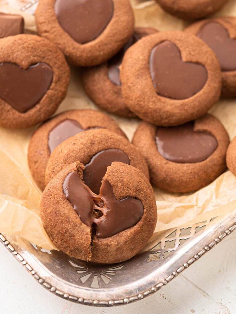 Chocolate ganache filled chocolate shortbread thumbprint cookies