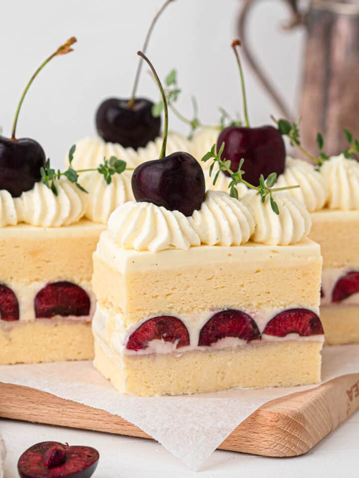 Fresh cherry sponge cake with vanilla whipped cream