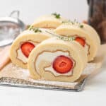 Japanese style strawberry Swiss roll cake with vanilla whipped cream