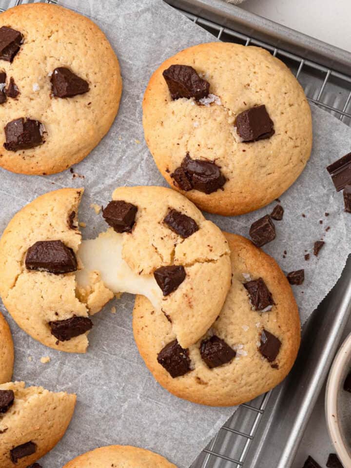 Chocolate chunk cookies filled with stretchy, chewy mochi