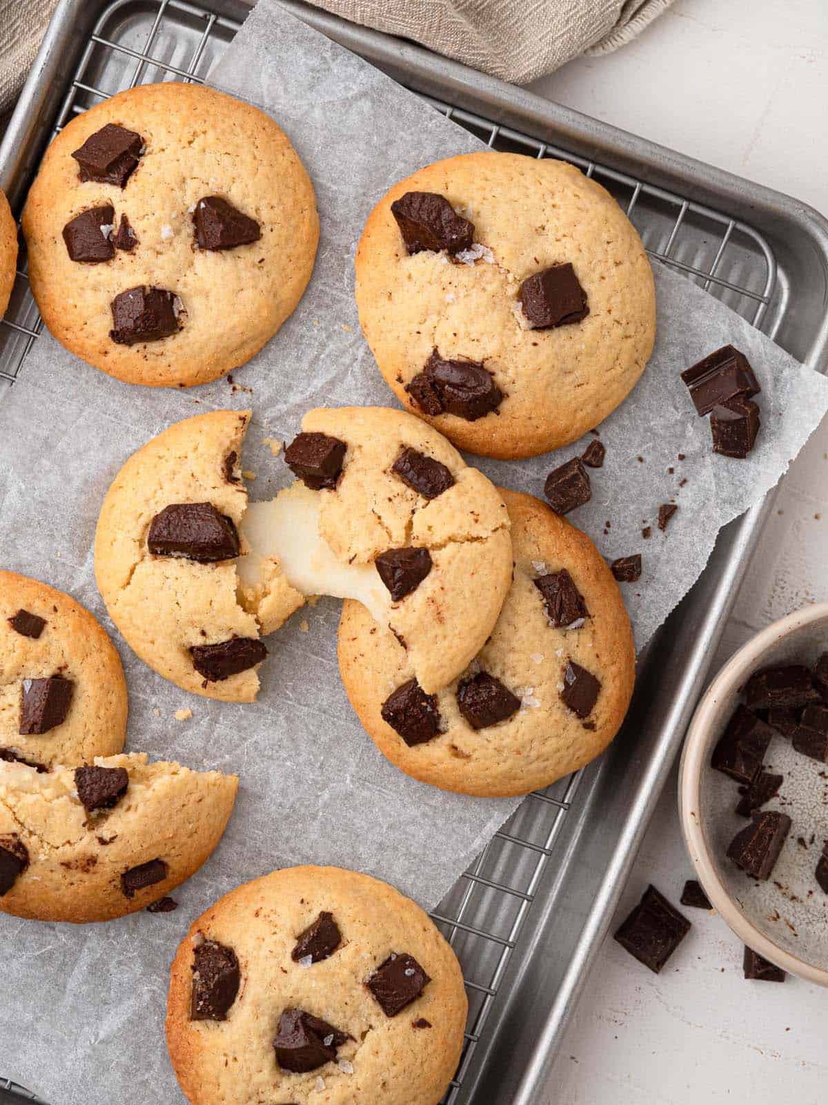 Chocolate chunk cookies filled with stretchy, chewy mochi