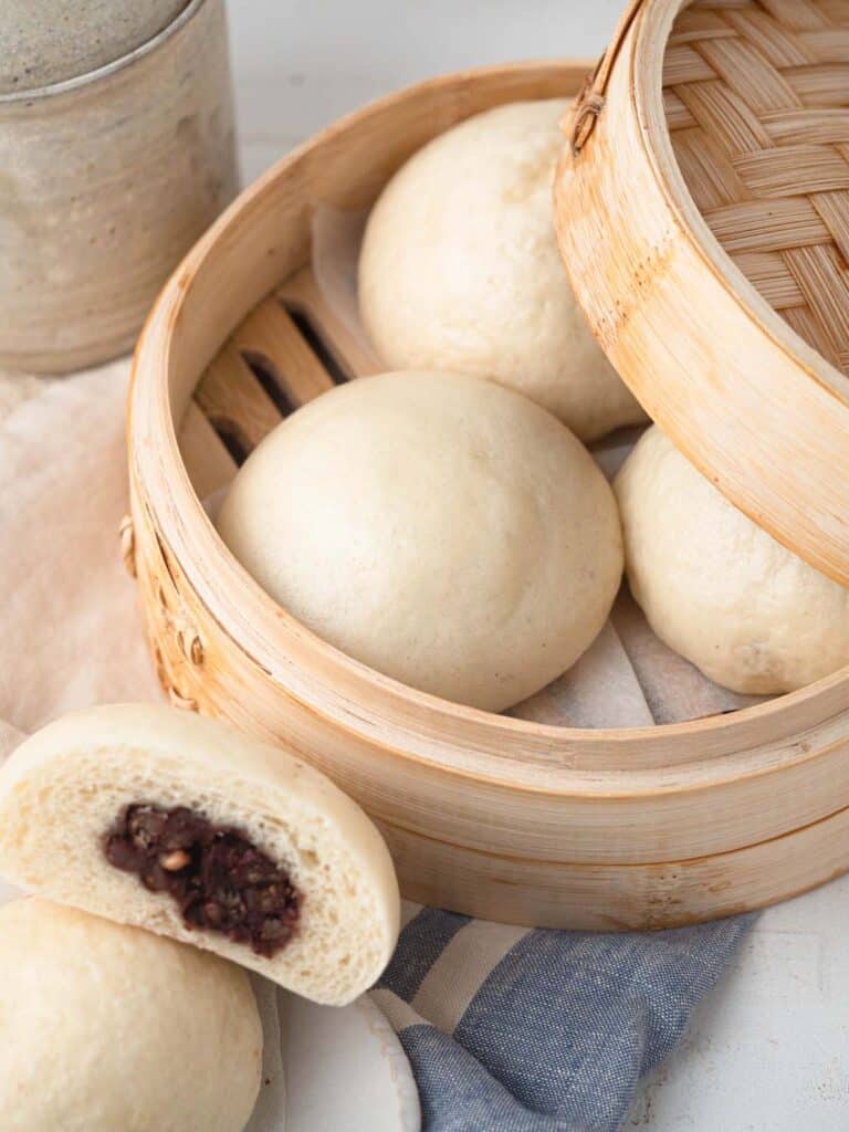Chinese Steamed red bean buns dou sha bao 