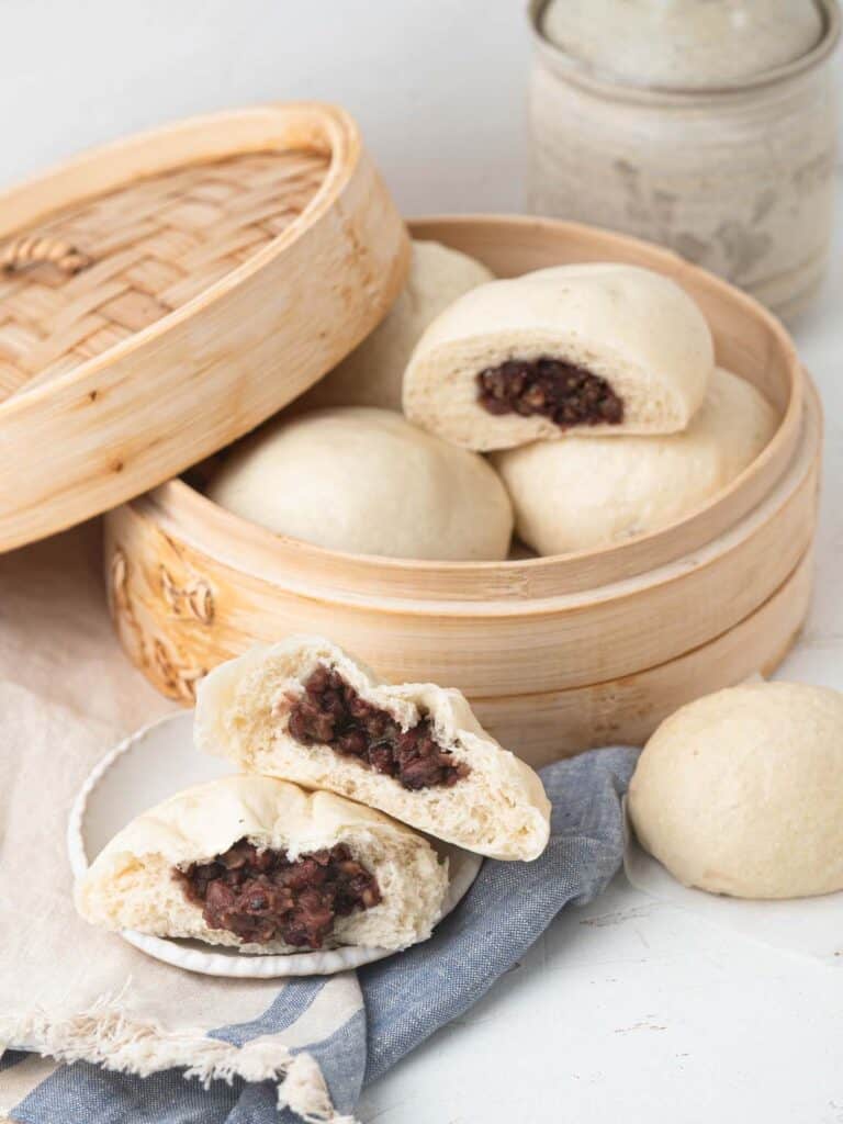 Chinese Steamed red bean buns dou sha bao 