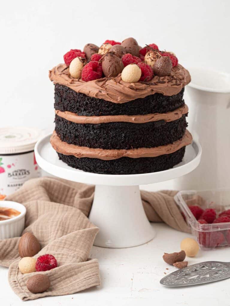 Chocolate raspberry layer cake with chocolate cream cheese frosting 