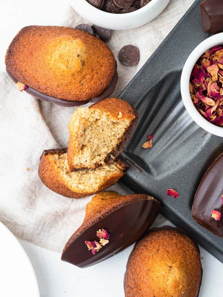 Chocolate dipped brown butter French madeleines