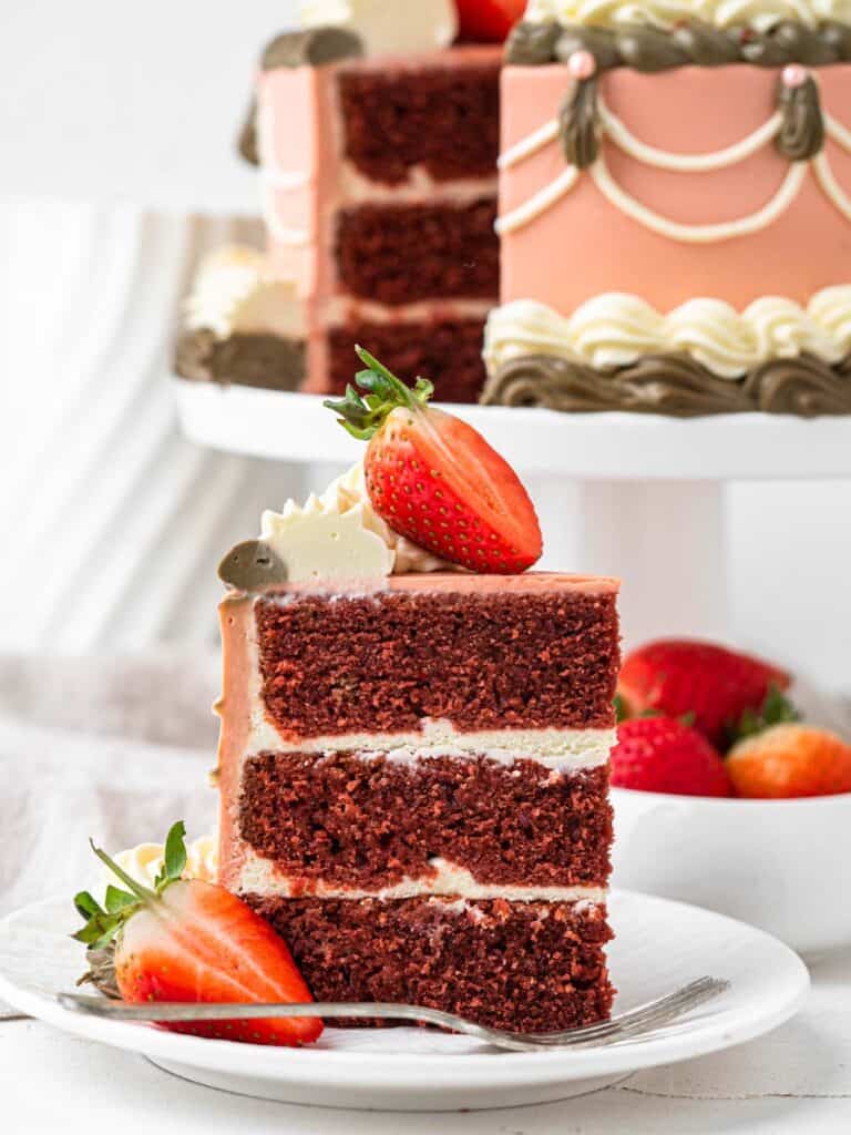 Vintage style retro red velvet birthday cake with cream cheese frosting 