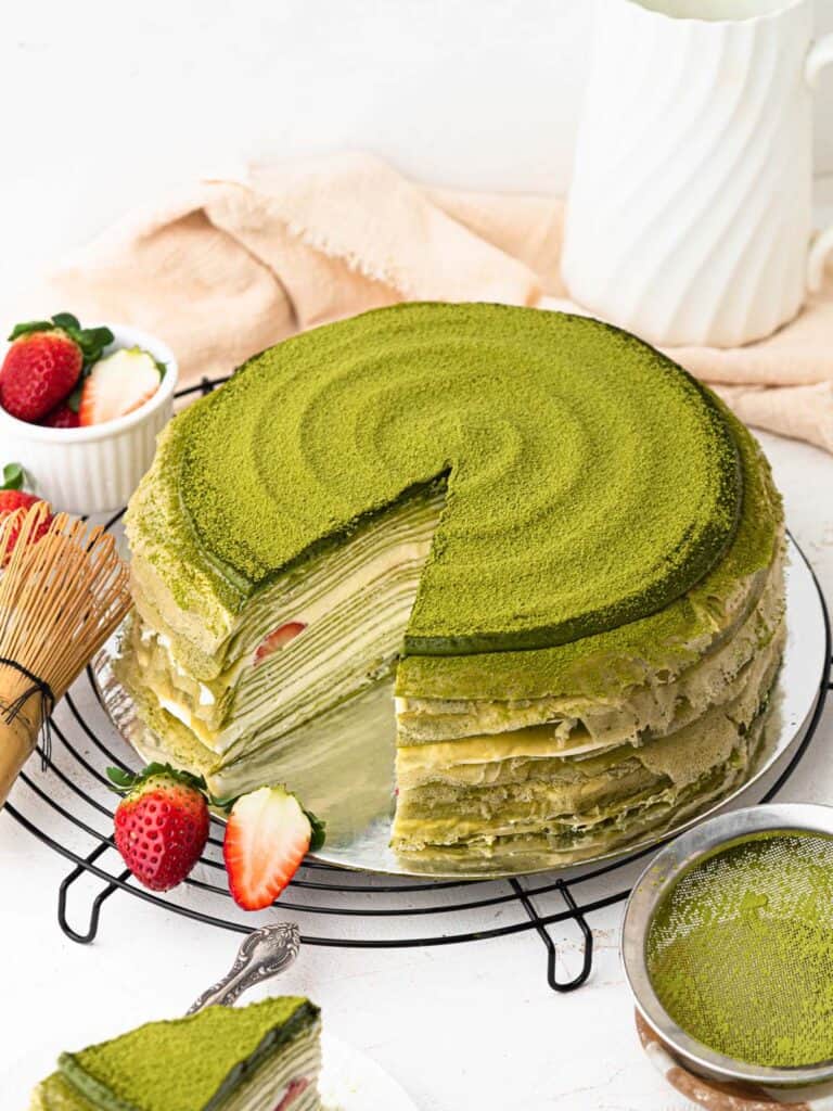 Matcha green tea white chocolate strawberry mille crepe cake