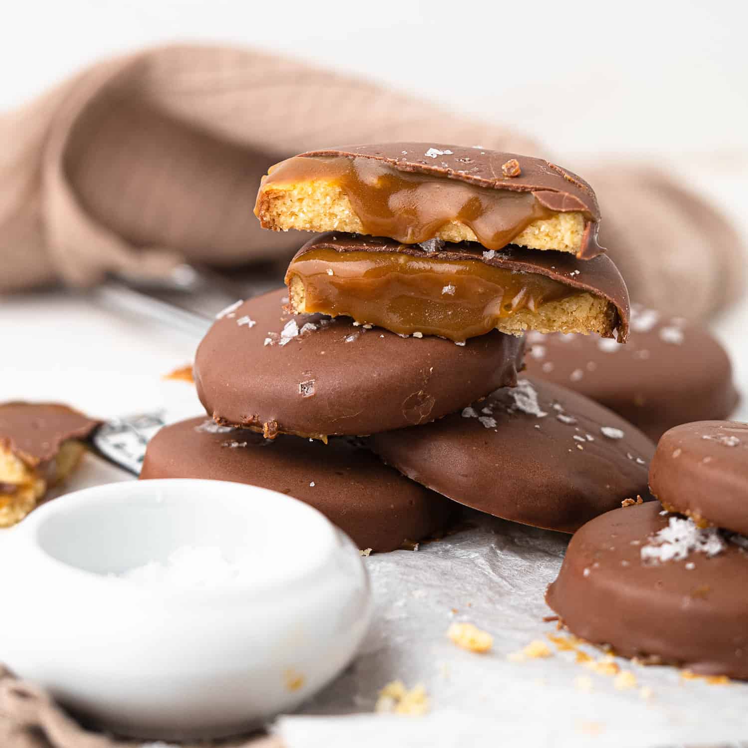 shortbread cookies topped with caramel and coated in chocolate