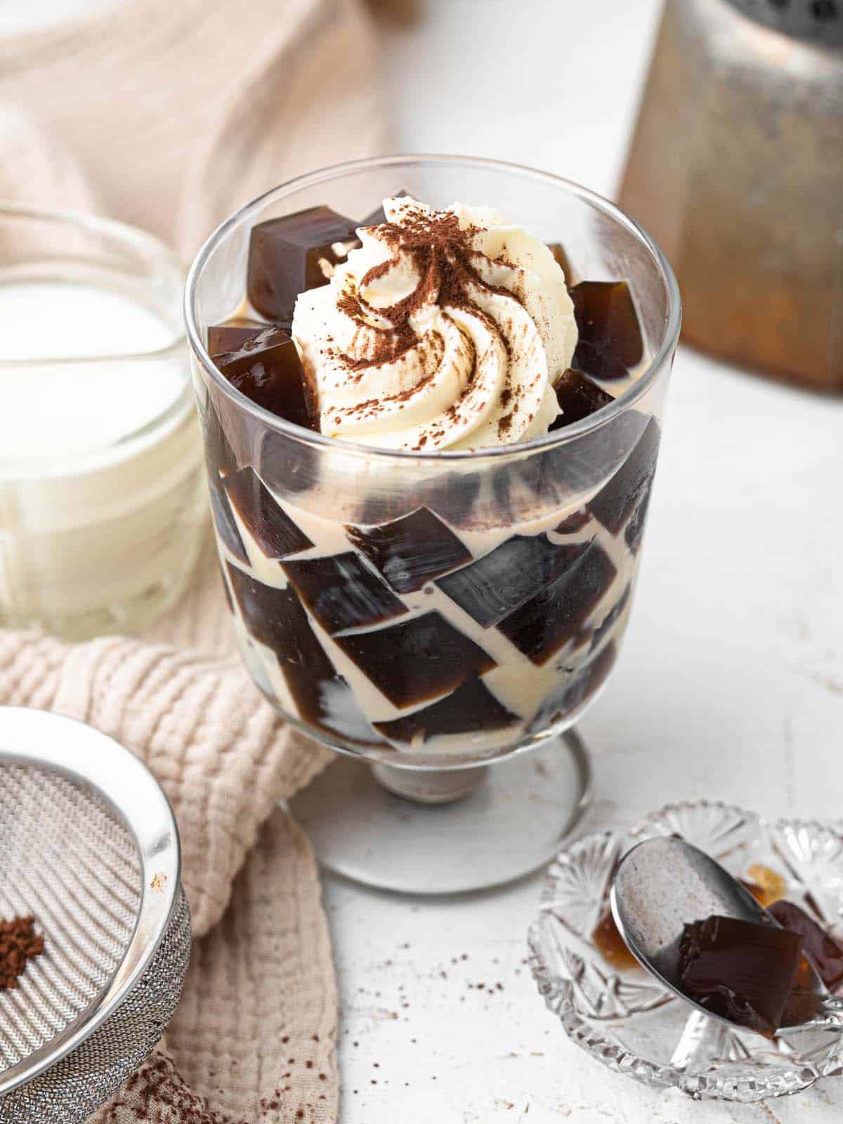 Japanese kohii coffee jelly with condensed milk and whipped cream
