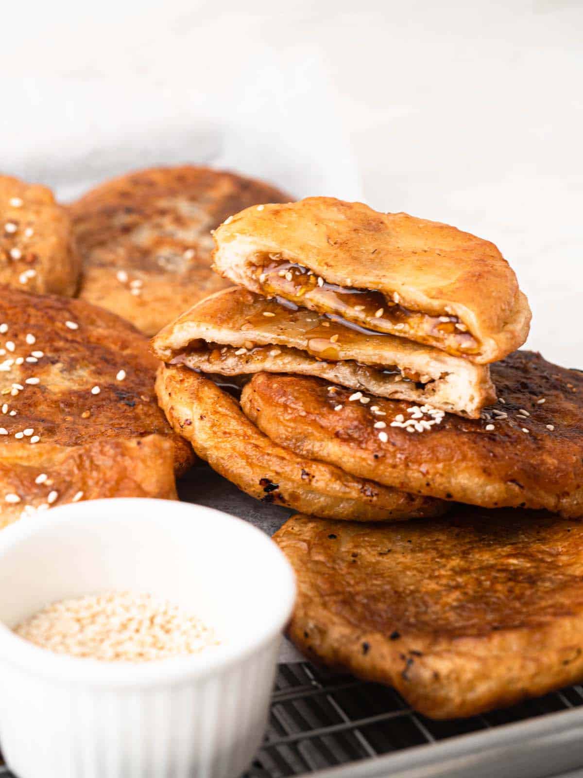 Hotteok Korean sweet honey pancakes filled with sesame and peanuts