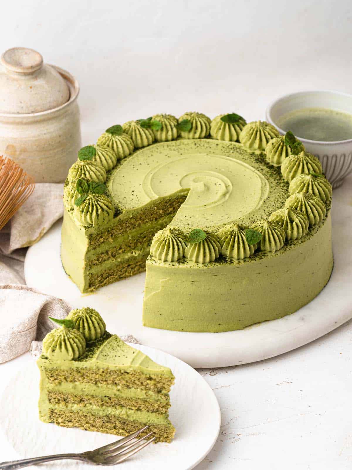 asian bakery matcha sponge cake with whipped cream