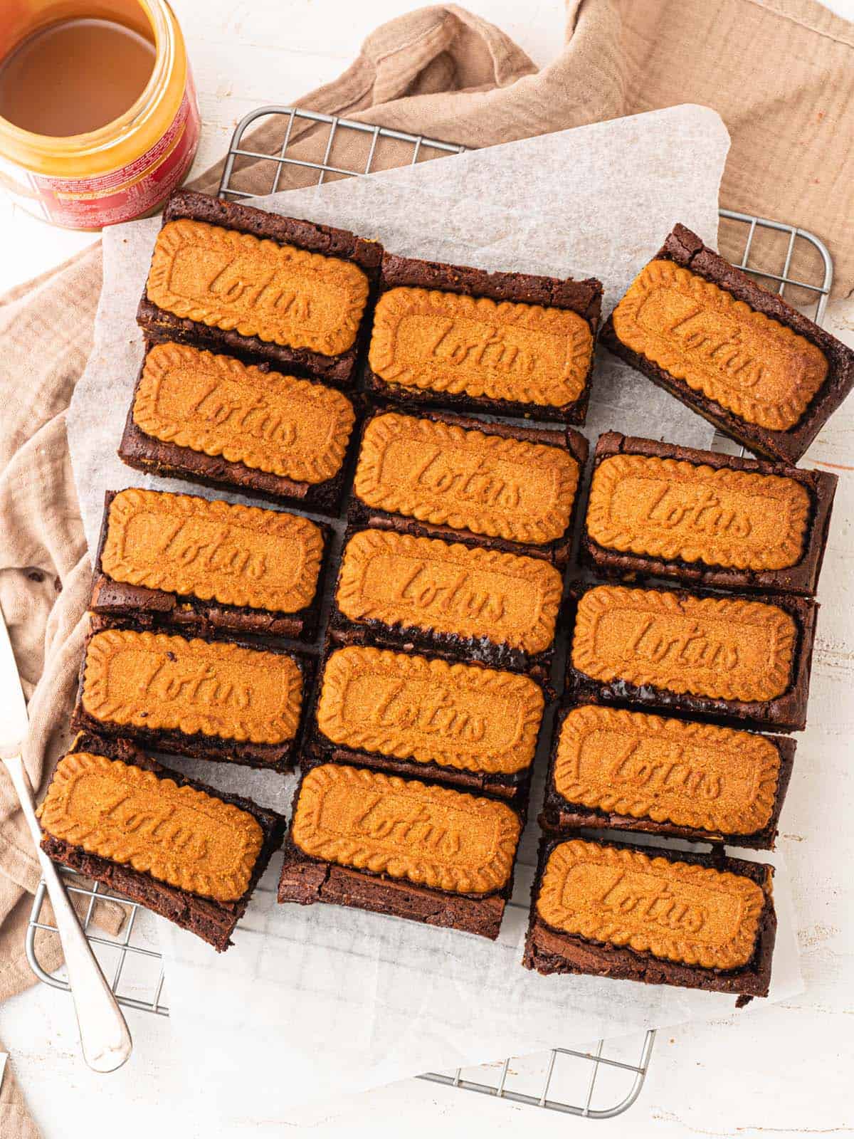 Biscoff filled chocolate brownies topped with lotus cookies