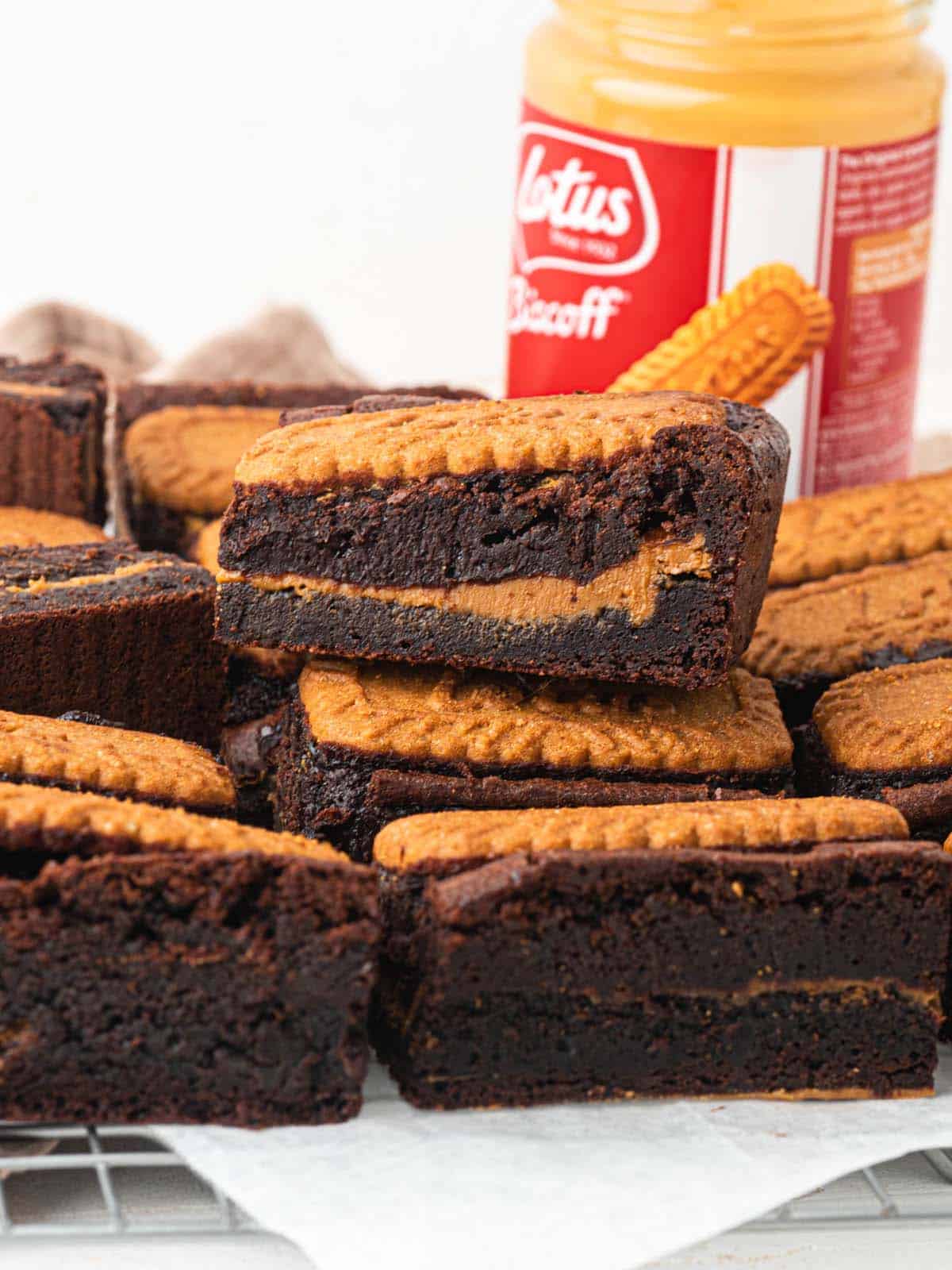 Biscoff filled chocolate brownies topped with lotus cookies