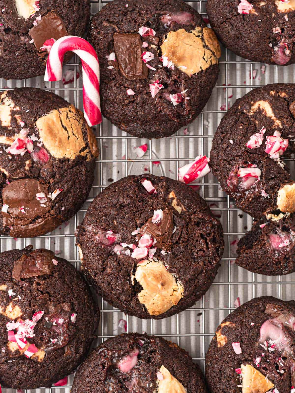peppermint double chocolate chip cookies with candy canes