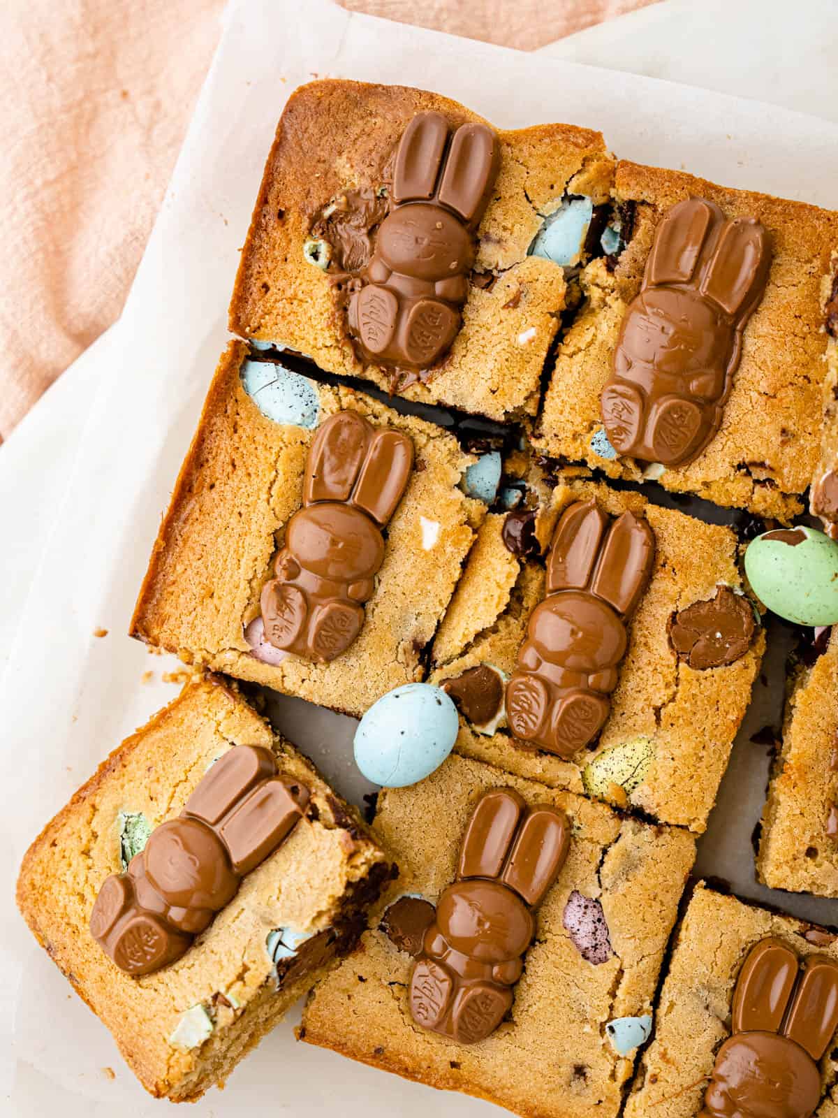 easter blondies with mini eggs and easter bunnies