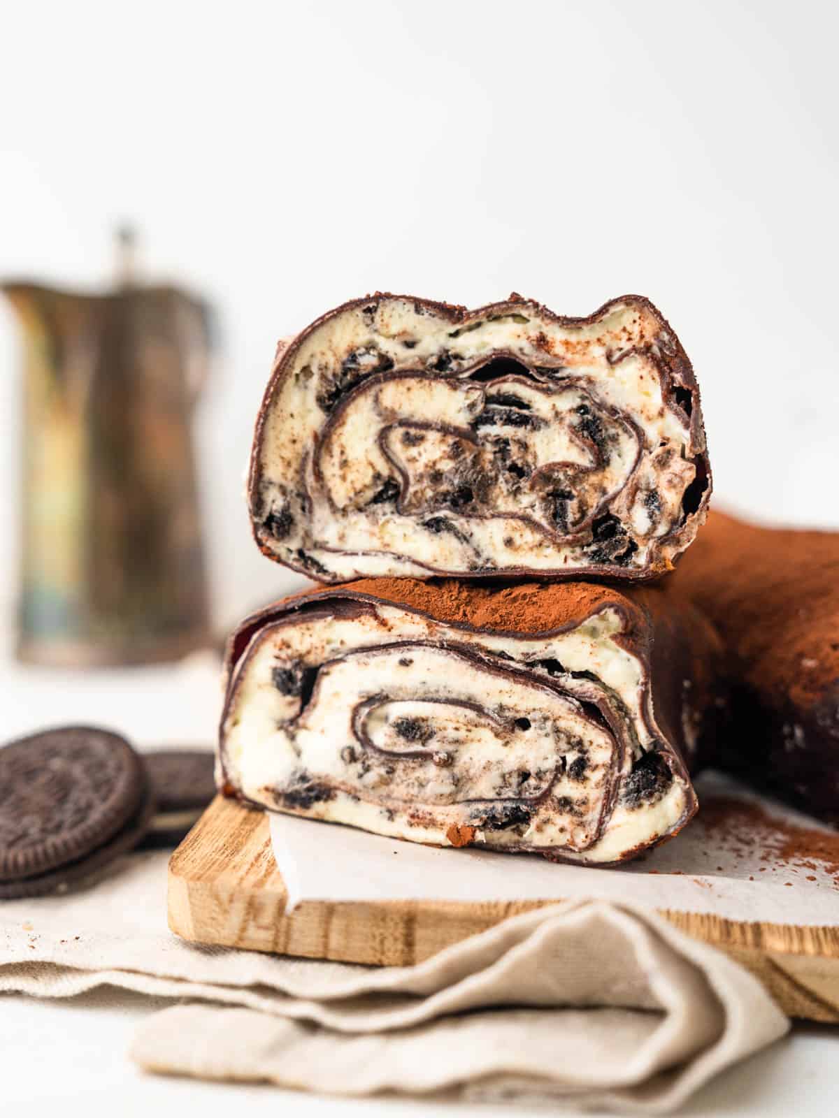 cookies and cream chocolate crepe roll cake