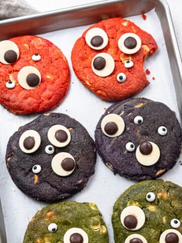 halloween white chocolate chip cookies with sprinkles and candy eyeballs