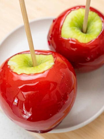 granny smith apples coated in a candy glaze