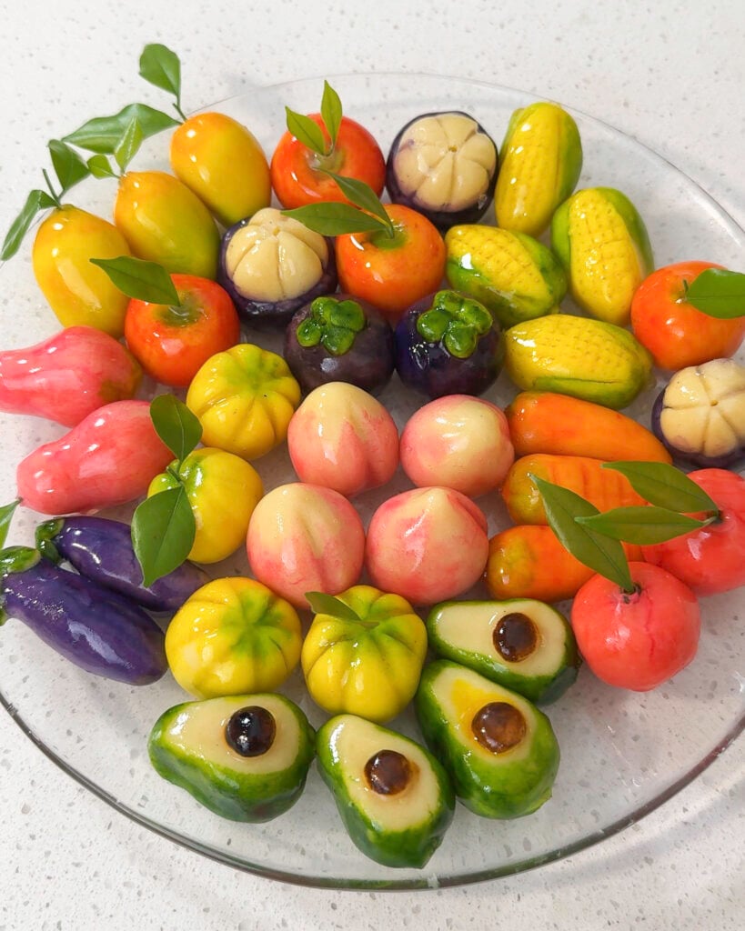 Colorful Luk Chup fruit desserts plated and ready to serve - Catherine Zhang Colorful Luk Chup fruit desserts plated and ready to serve