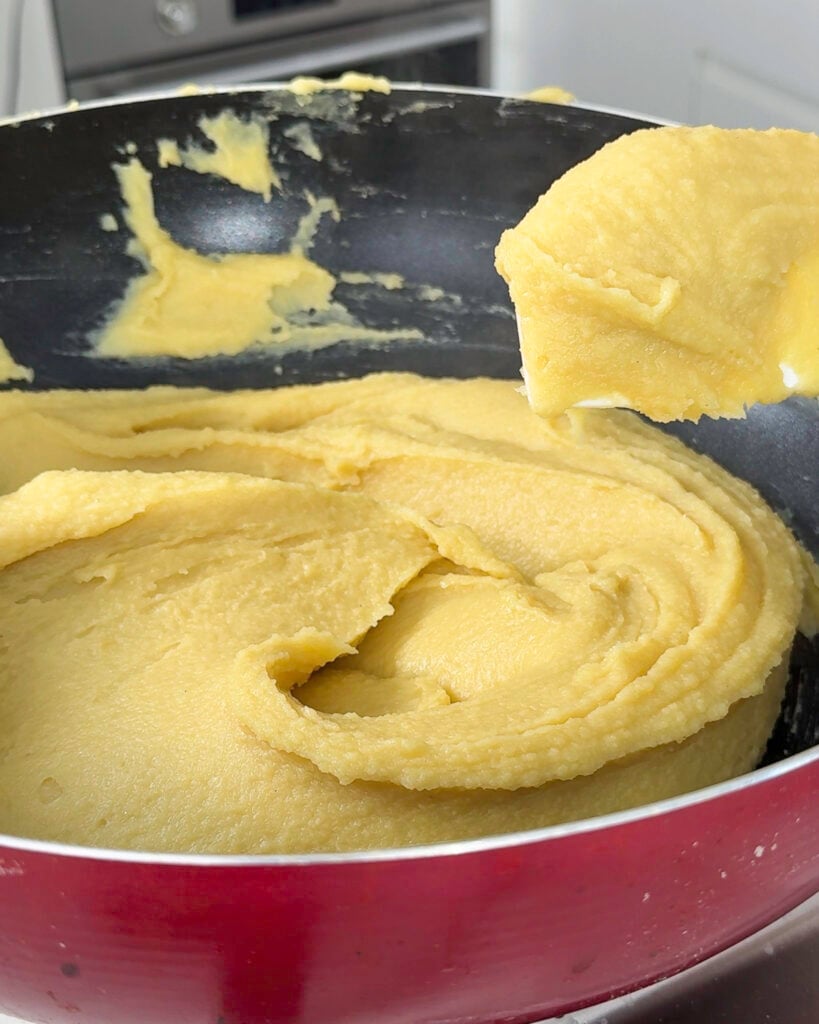 Thick mung bean dough forming in pan - Catherine Zhang Thick mung bean dough forming in pan